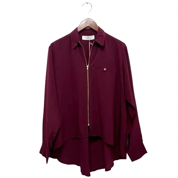 Amanda Uprichard Zip front Hi-Low 100% Silk Blouse Long Sleeve Wine Size M NEW - Picture 1 of 7